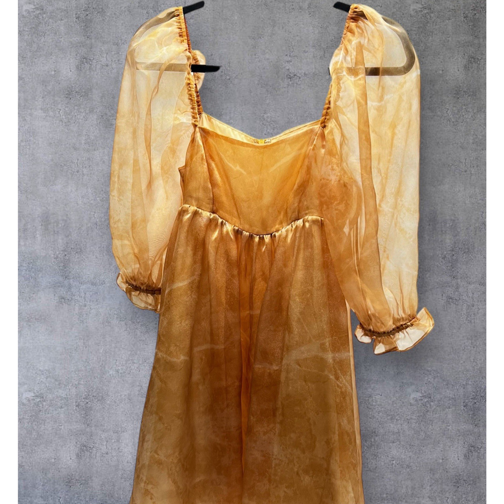 Sweet en Forme Mini Dress Burnt Orange Size S Sheer Puff Sleeve Fairy Core